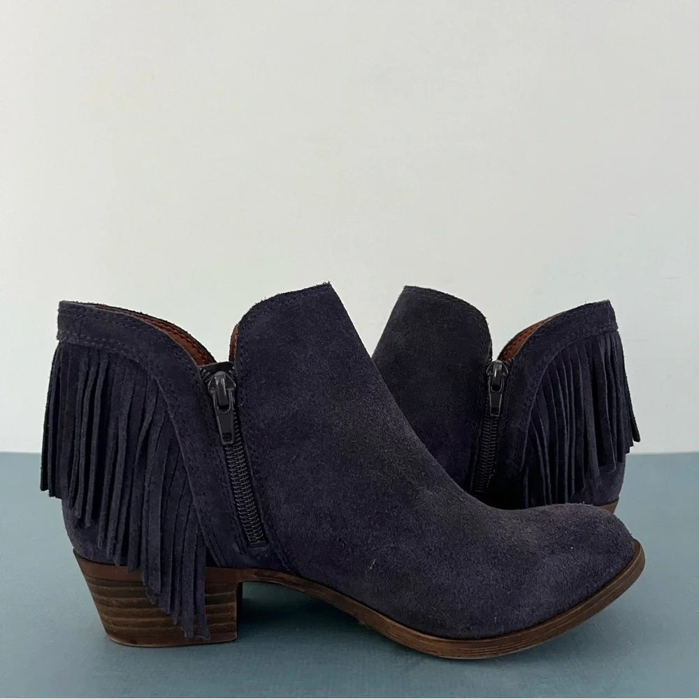 Lucky Brand Benji Blue Suede Fringe‎ Western Ankle Booties